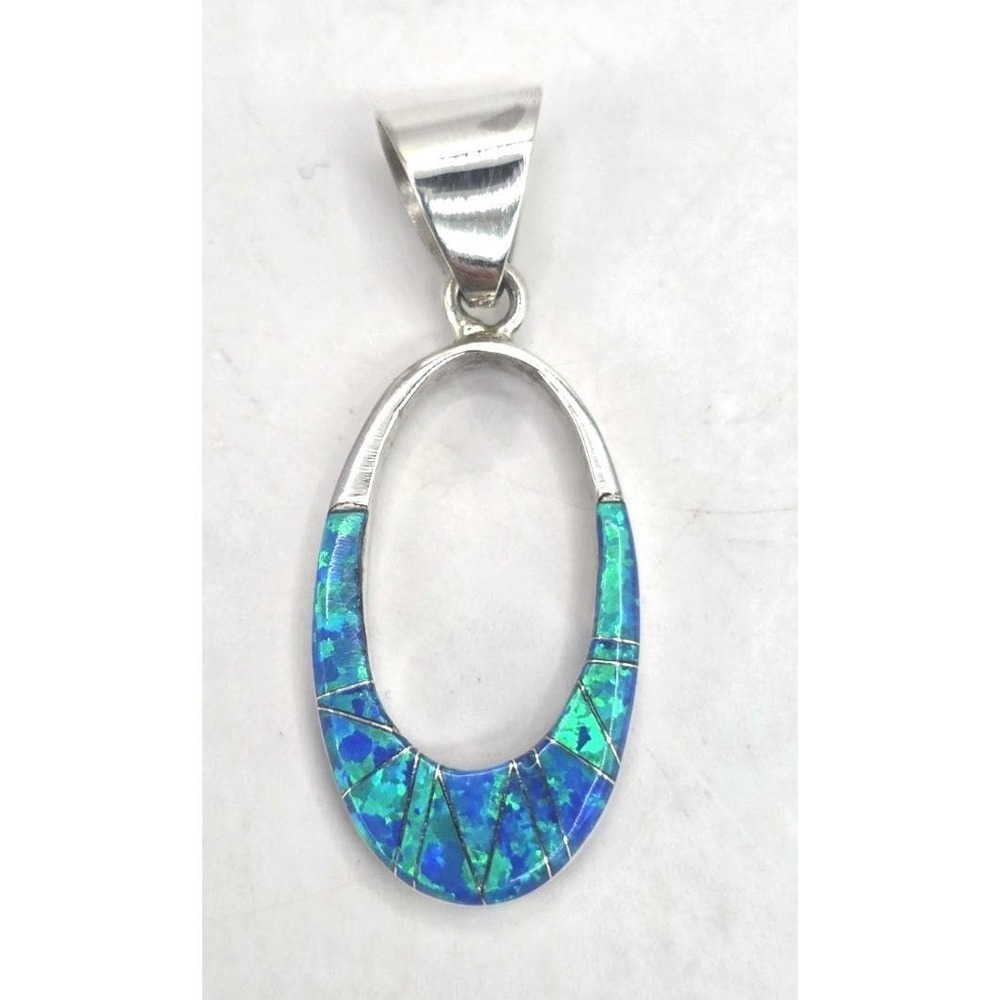 Multi-Gemstone Opal Oval Pendant Reversible Sterling Silver Inlays Signed SM